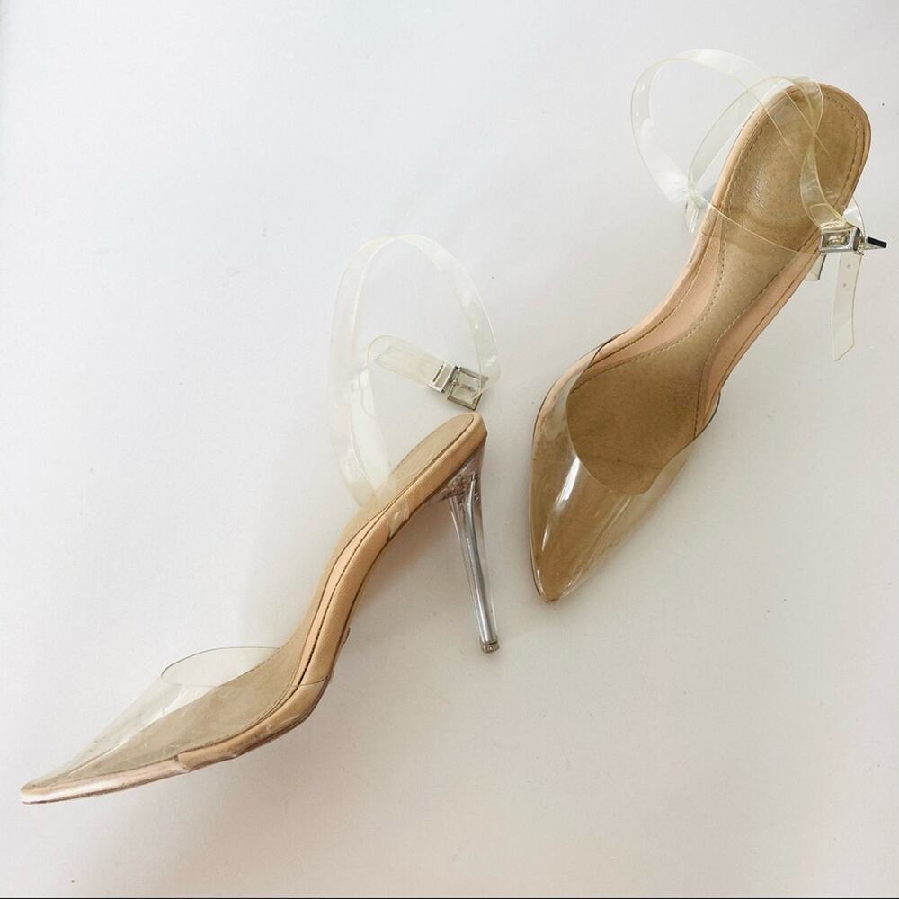 MISSGUIDED Nude Tan Clear Ankle Strap Pointy Toe 90s Stiletto Heels Pumps 9 - Picture 2 of 8